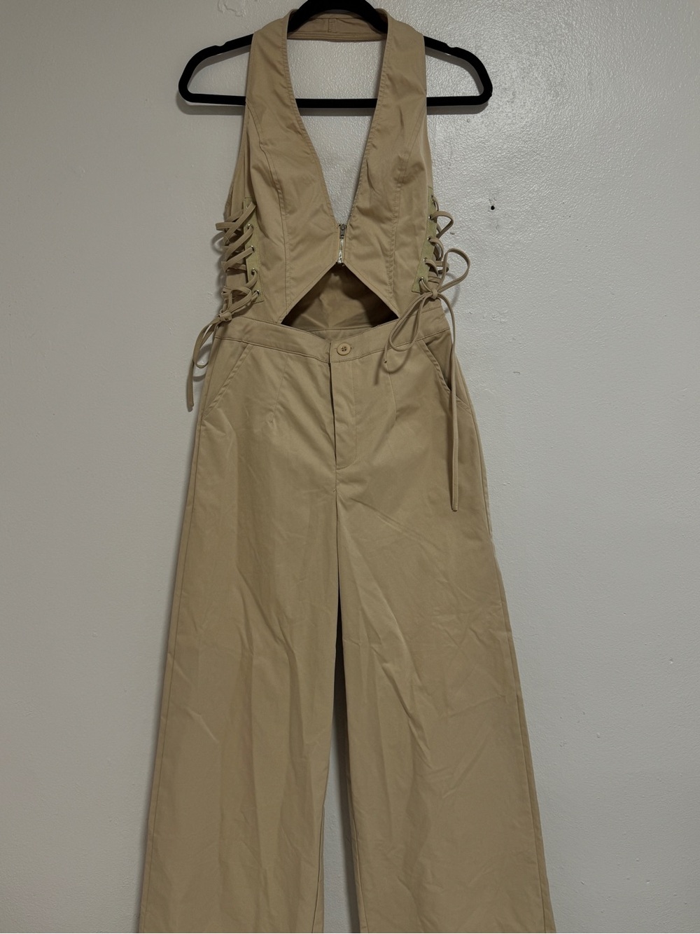 PrettyLittleThing Beige Wide-Leg Lace-Up Cutout Jumpsuit